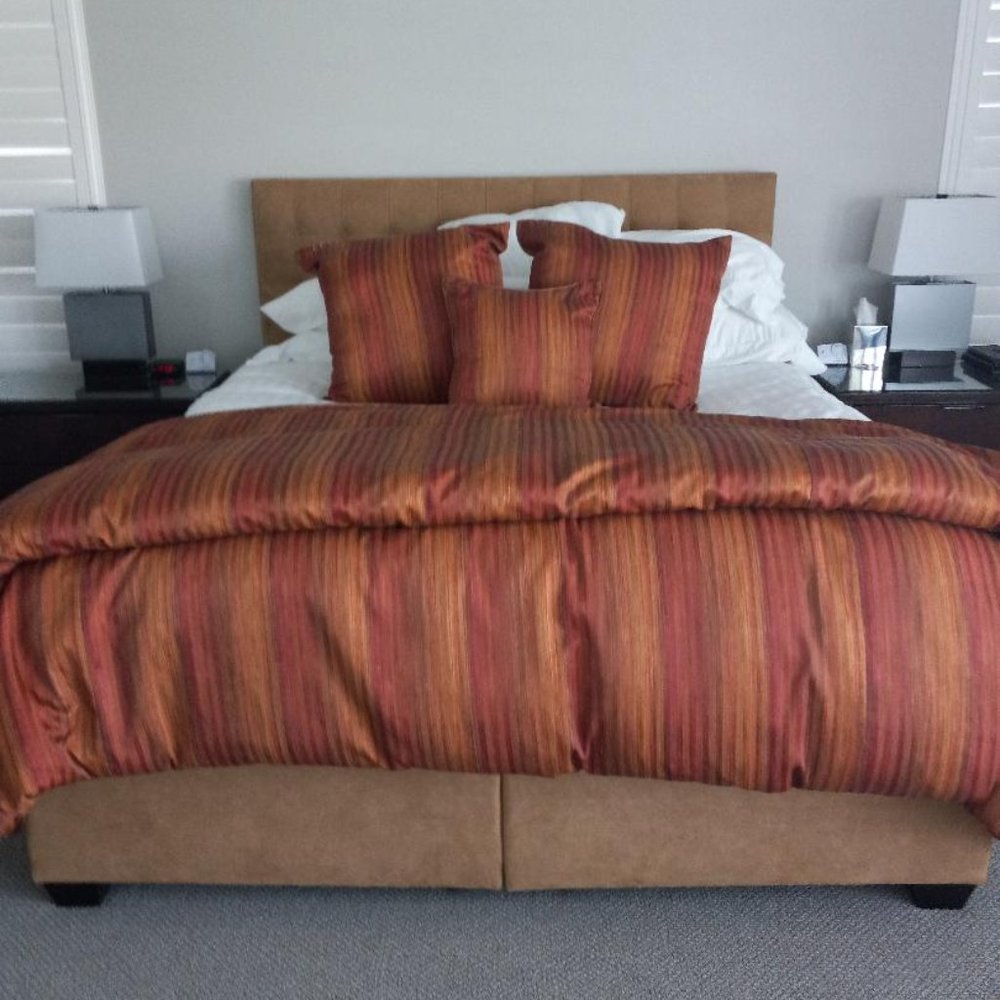 Reversible custom made king size silk/polyester/cotton blend bedding set.